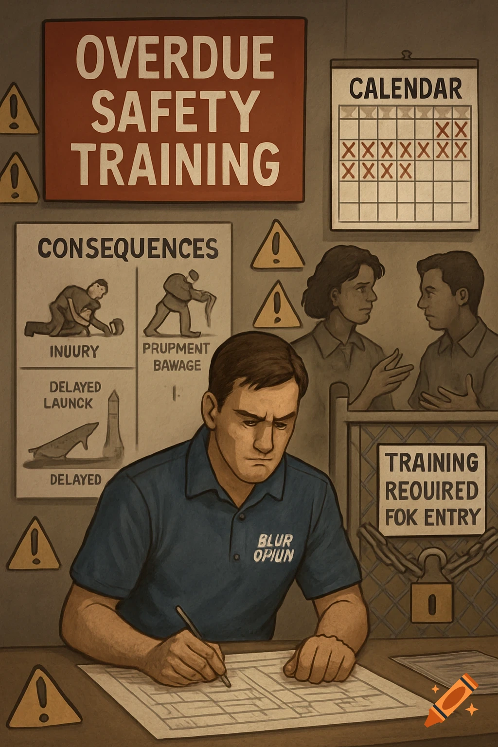 Illustration of an engineer doing paperwork surrounded by overdue safety training signs and concerned colleagues.