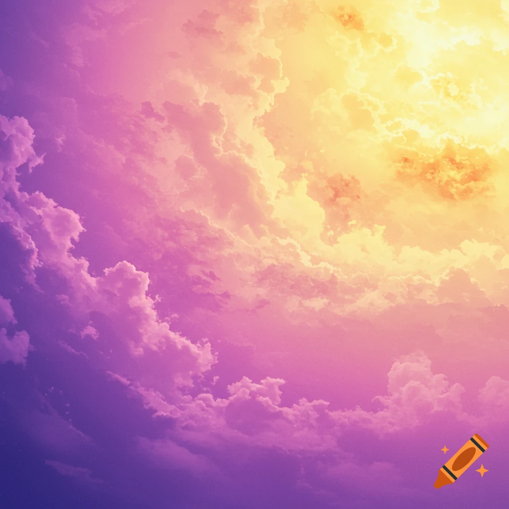 A cloudy sky with a gradient from deep purple/lilac at the bottom to bright yellow/gold at the top.