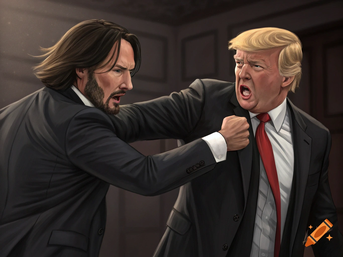 Illustration of a man resembling John Wick punching Donald Trump