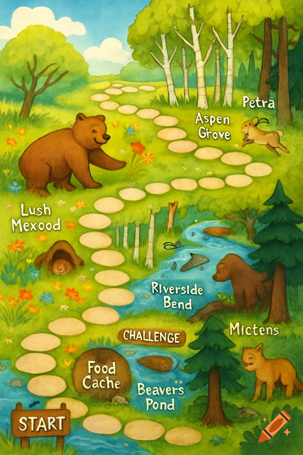 A cartoon illustration of a forest path board game with animal characters like bears, a hare, and a lynx/cougar.