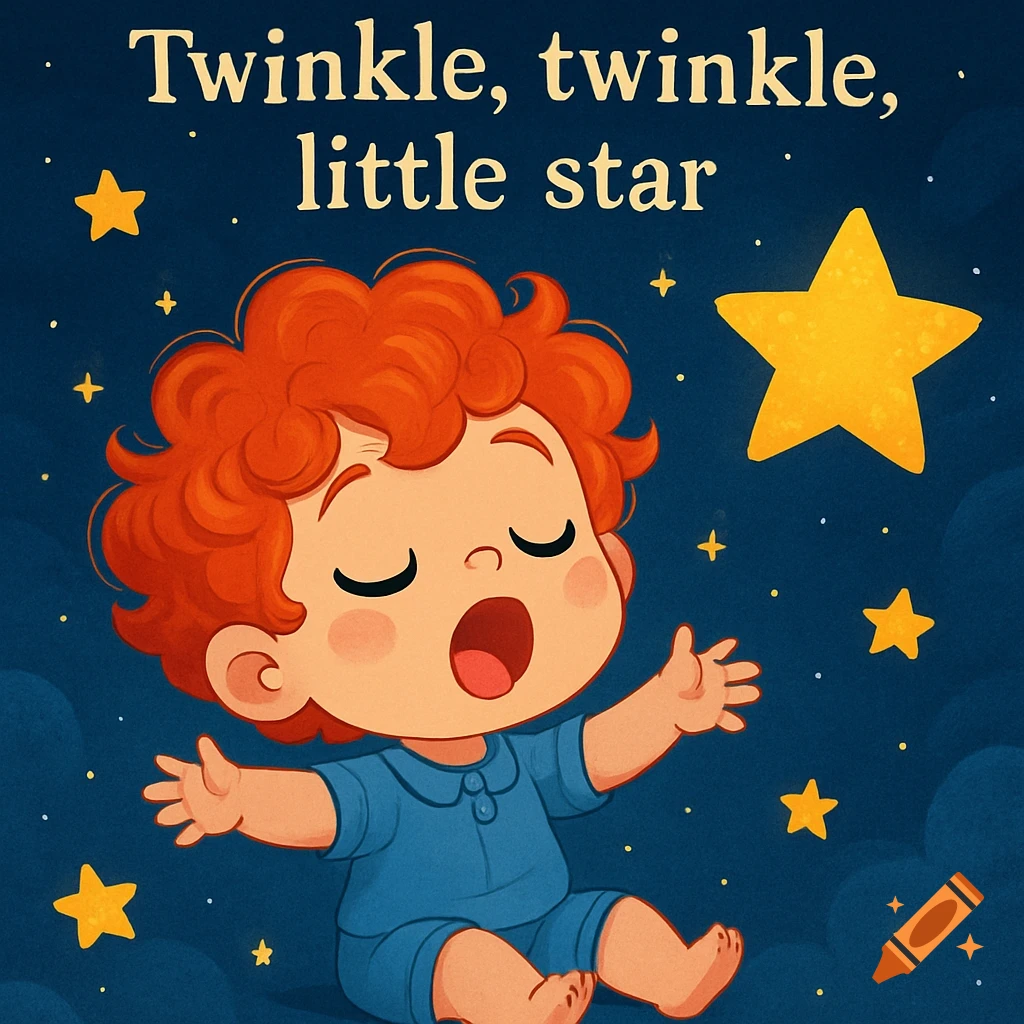 Cartoon baby with orange hair sings under a dark blue night sky filled with stars