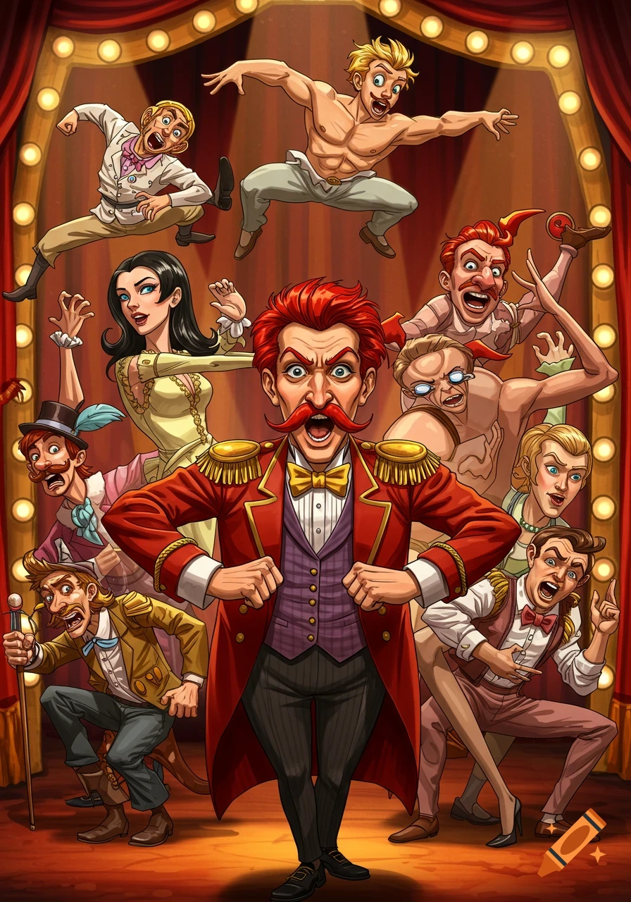 Cartoon illustration of an energetic circus troupe on a stage with a ringmaster in front.