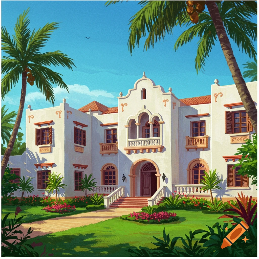 Illustrative painting of a tropical mansion with Spanish architecture, palm trees, a green lawn, and flower beds.