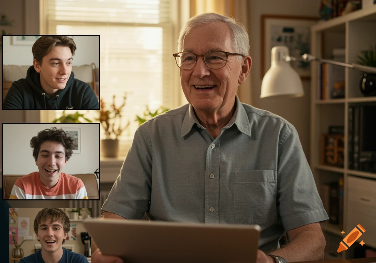 An older man smiles at a screen while on a video call with three smiling younger people.
