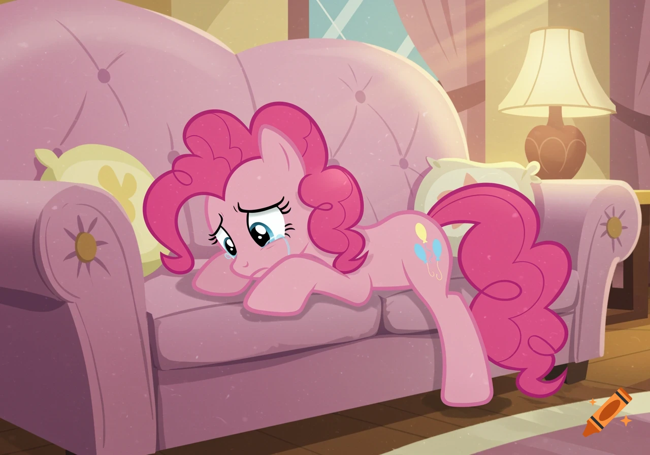 Pinkie Pie from My Little Pony crying on a pink couch in a cartoon style.