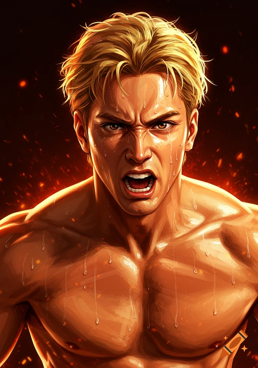 Close-up anime portrait of a muscular man with blonde hair, sweating and screaming intensely against a dark, fiery background.