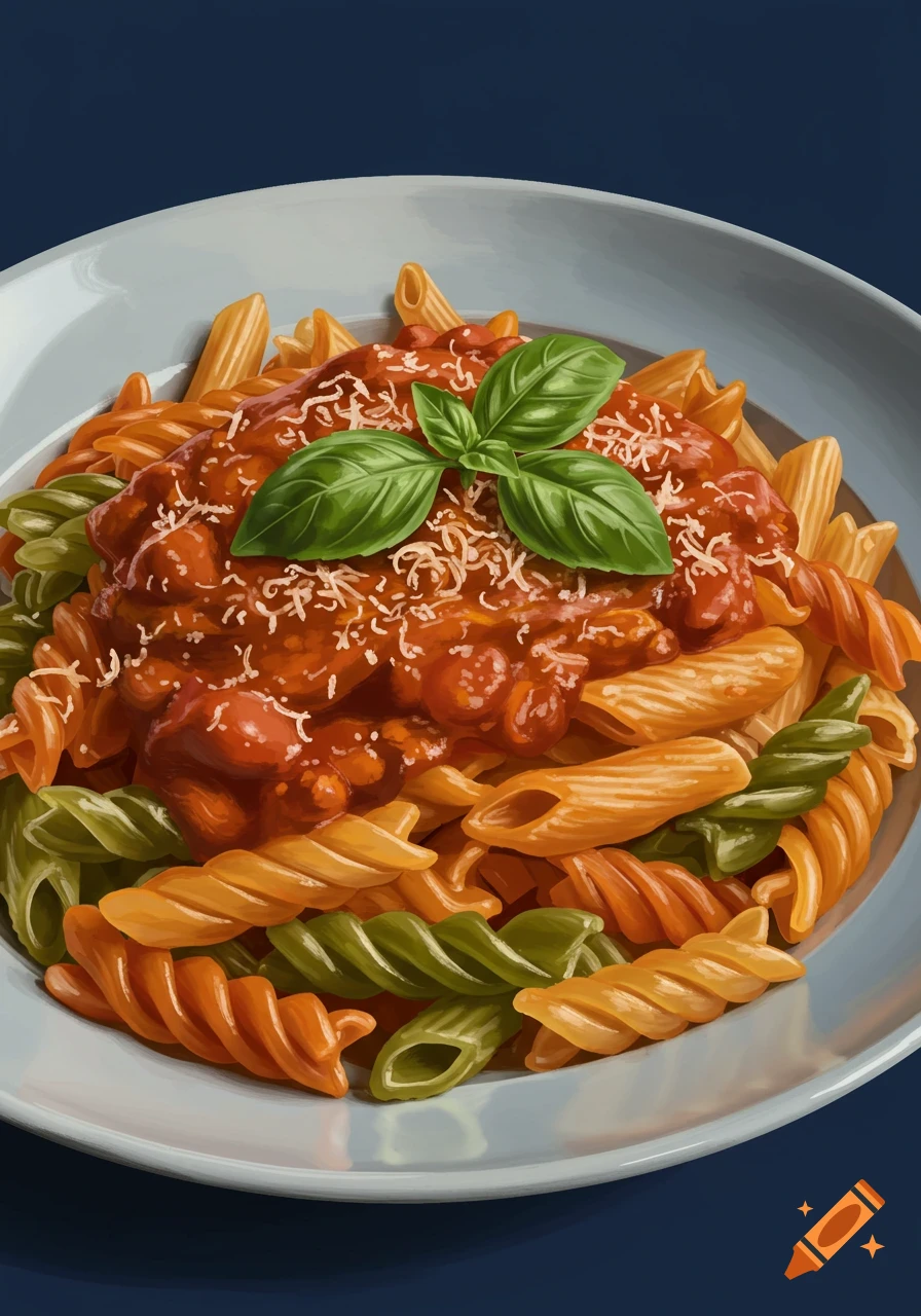 A plate of colorful pasta with tomato sauce, cheese, and basil in a painterly style.