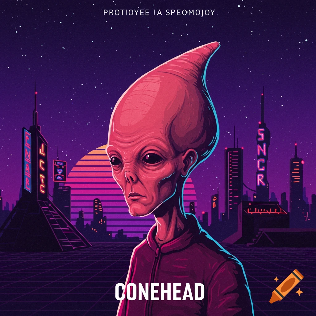 Retro synthwave illustration of a red alien head in a futuristic city with 'CONEHEAD' text.
