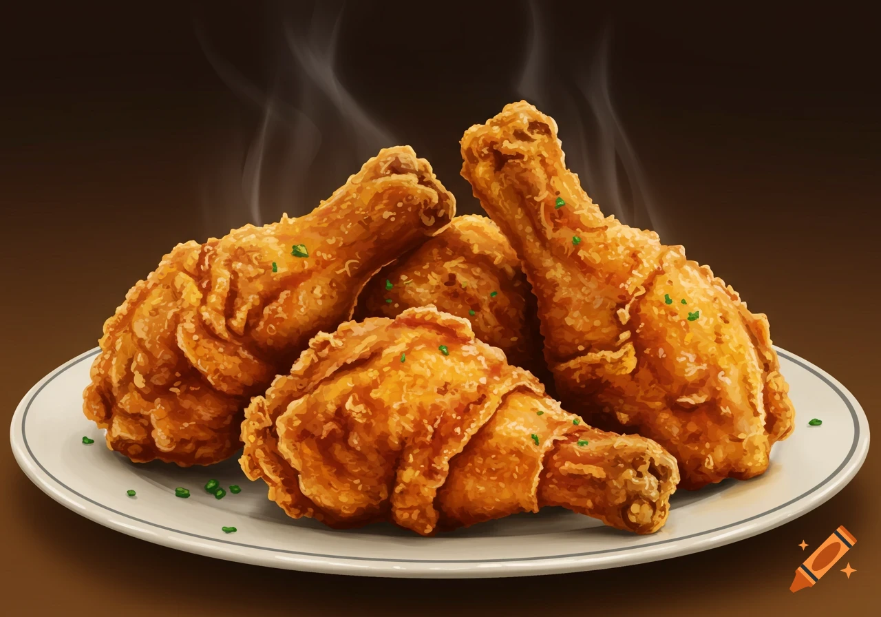 Steaming fried chicken on a white plate