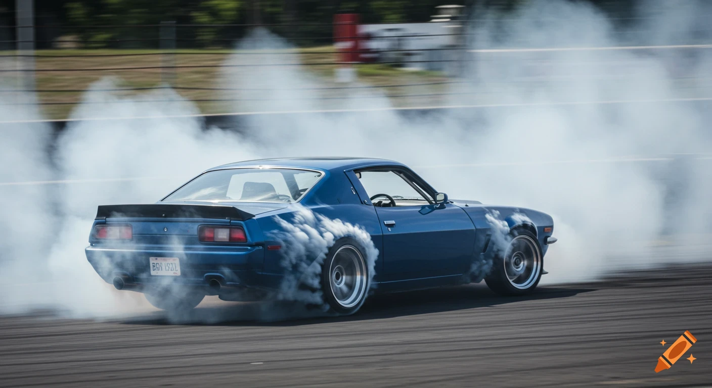 Blue muscle car drifts on a track, creating a large cloud of smoke