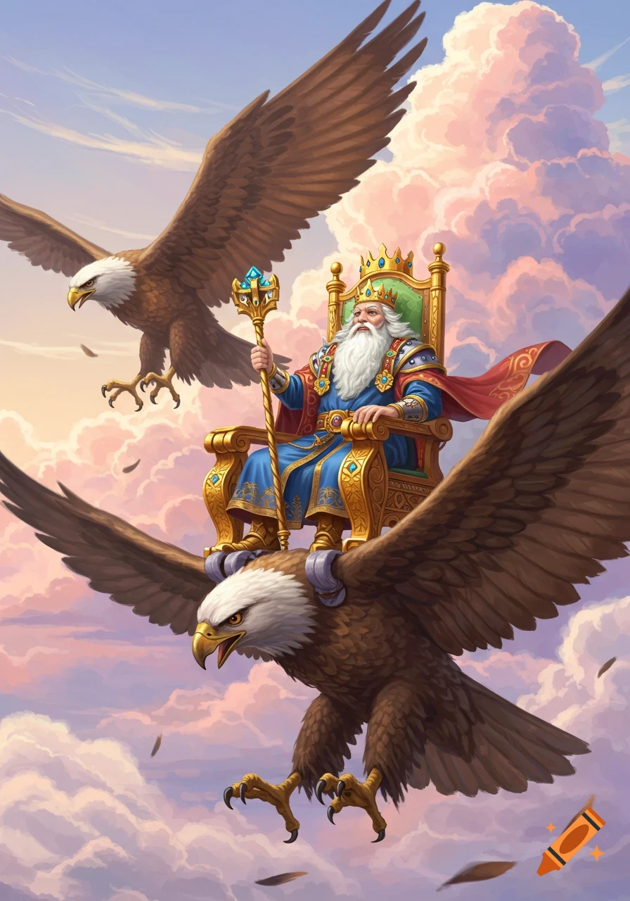 A fantasy illustration of a king on a throne carried through the sky by two eagles