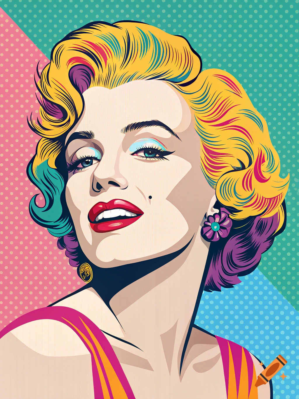 Pop art illustration of Marilyn Monroe with colorful hair and a polka dot background.