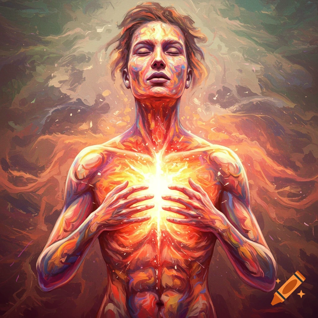 Figure radiating light from chest, painterly style.