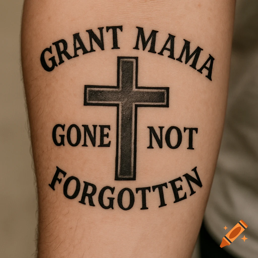 Tattoo on arm with cross and memorial text