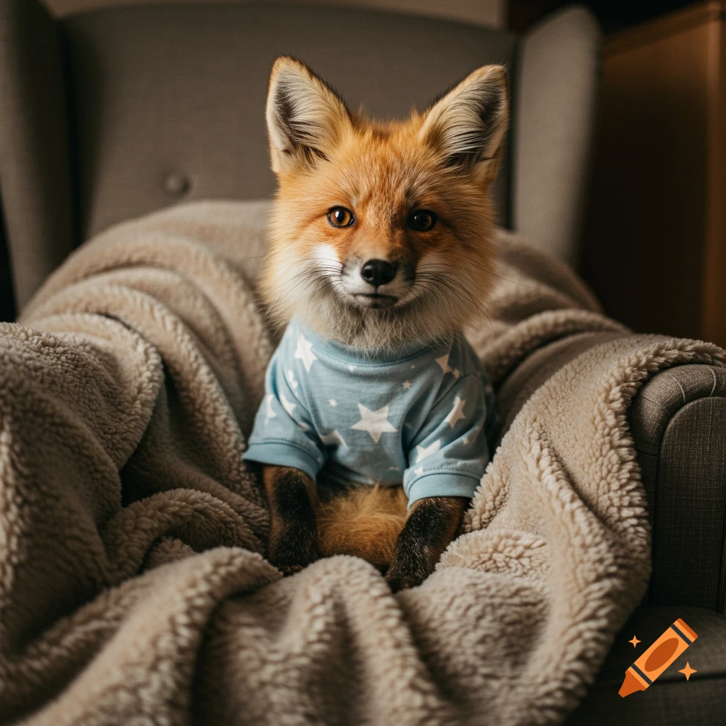 A cute fox wearing blue pajamas with stars sits in a chair wrapped in a blanket, photorealistic