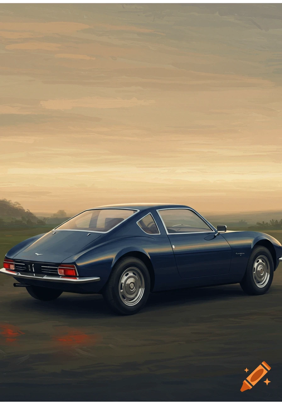 Painterly illustration of a dark blue classic sports car at sunset.