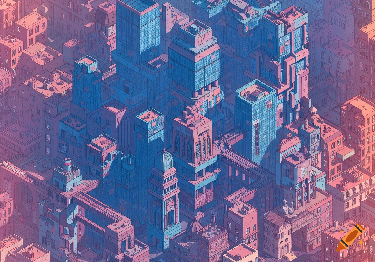 Isometric view of a stylized city with complex buildings and walkways in pink and blue.