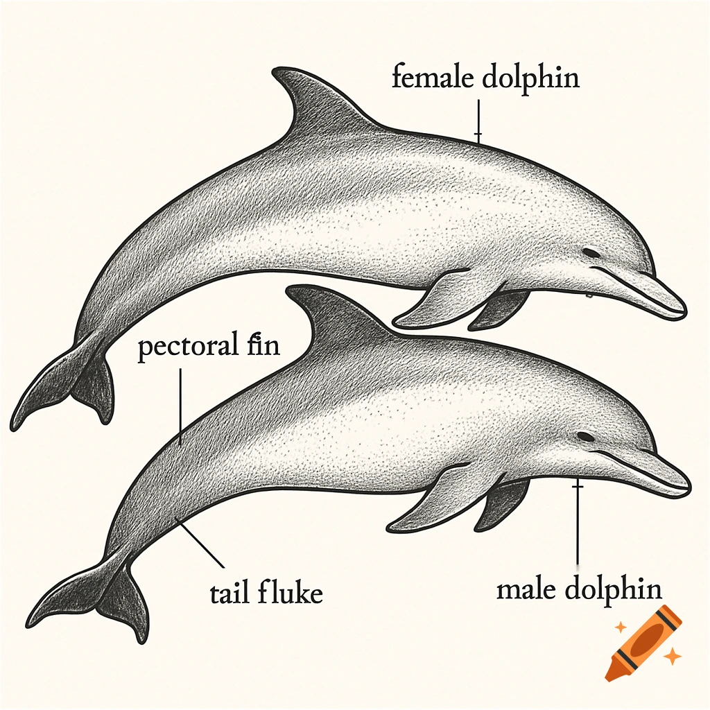Black and white illustration of two dolphins with labels: female dolphin, male dolphin, pectoral fin, tail fluke.