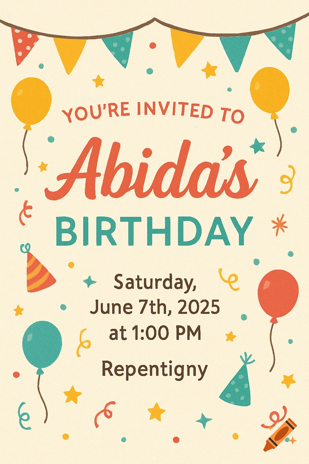 Birthday invitation card with balloons, banner, confetti, and party hats.