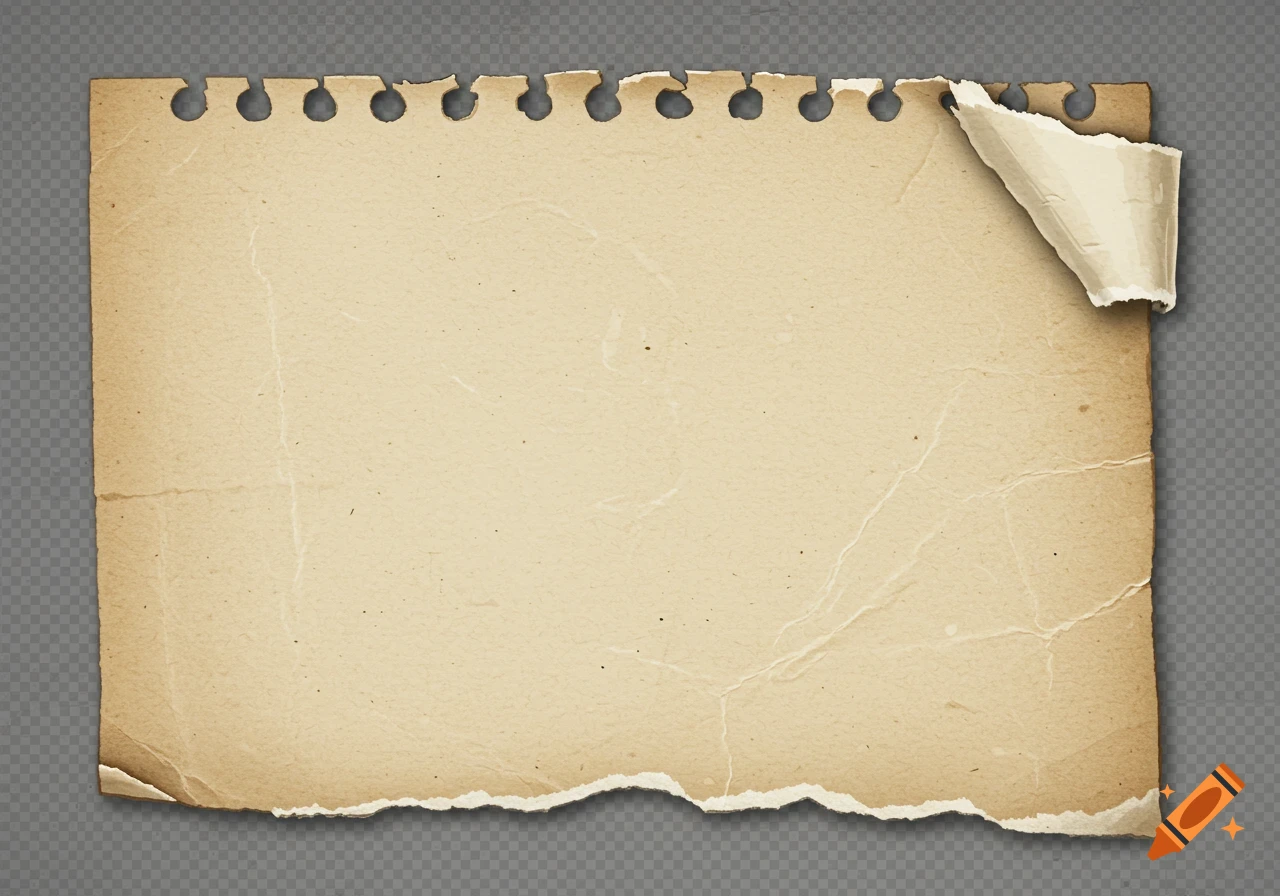 Old torn paper texture with curled corner on transparent background