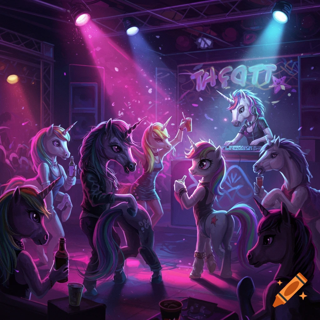 Anthropomorphic unicorns dance and party in a neon-lit club