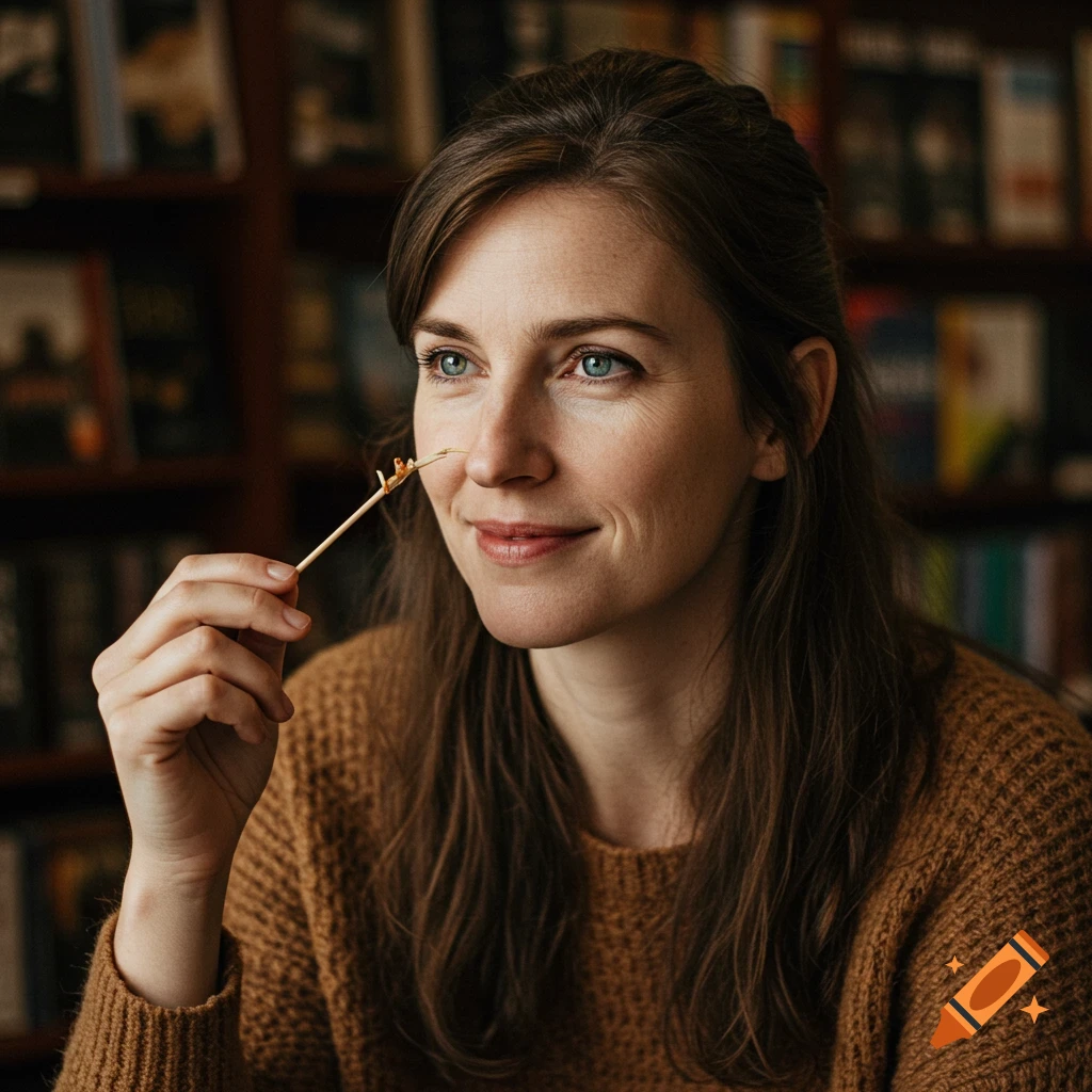 Smiling woman holding a stick near her nose, in a bookstore. Photorealistic.