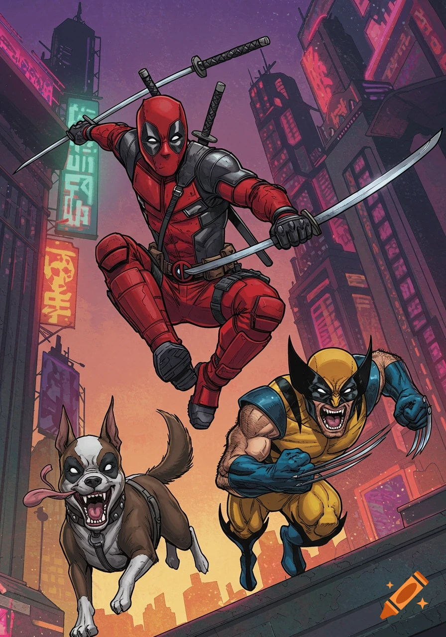 Deadpool, Wolverine, and Dogpool leap over a rooftop against a futuristic city skyline in comic book art style.