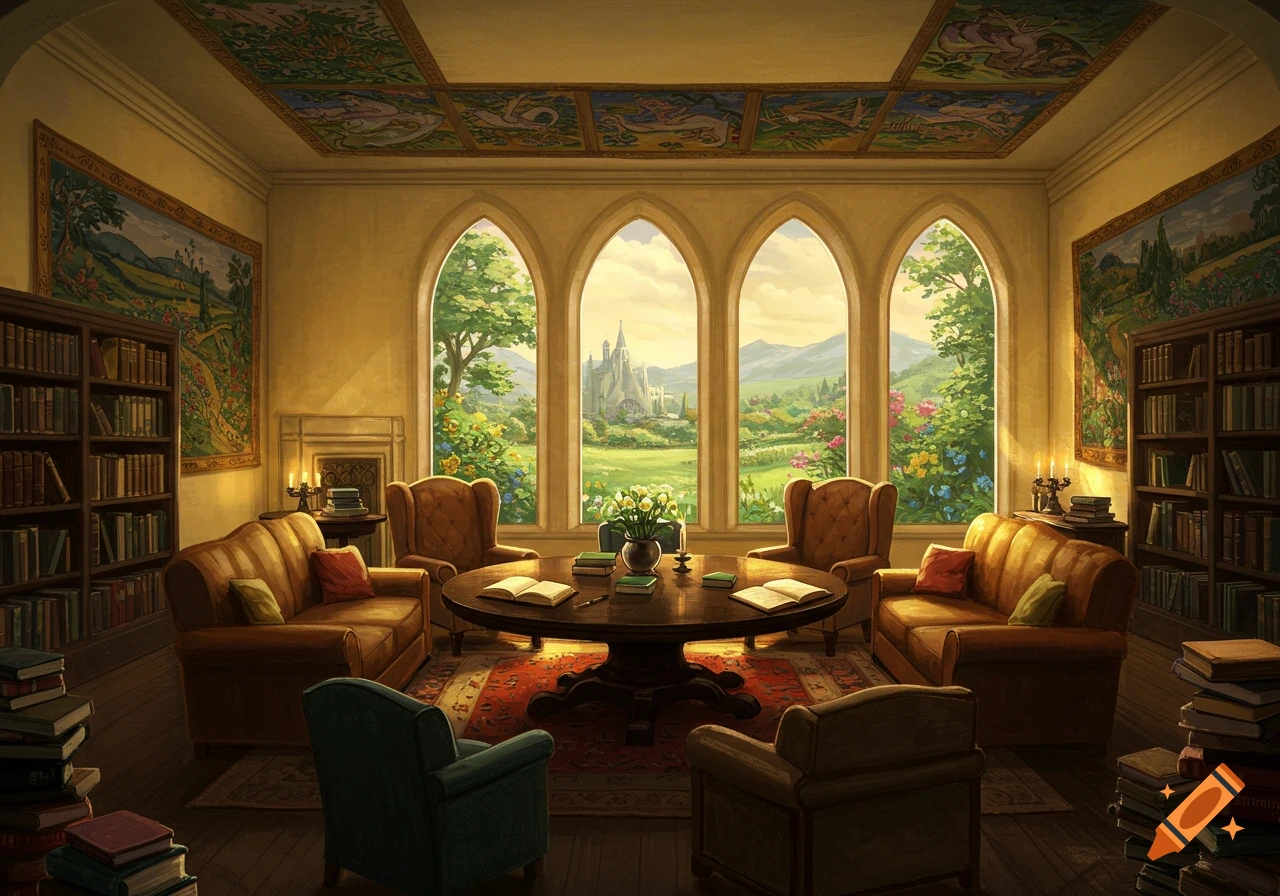 A cozy room with bookshelves, comfortable chairs, and windows looking out onto a sunny fantasy landscape with a castle.