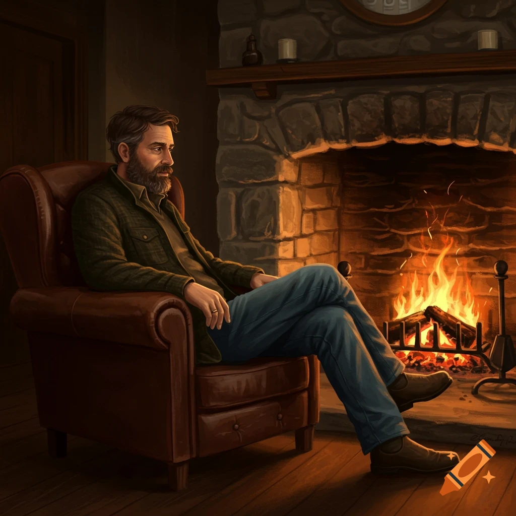 Digital painting of a man sitting in a chair by a warm fireplace