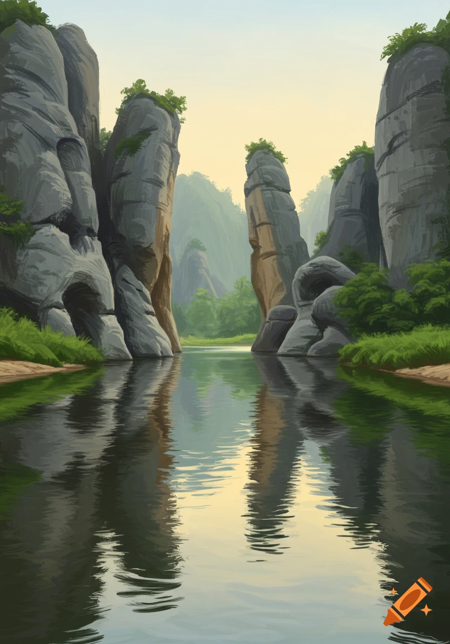Digital painting of a river flowing through a rocky gorge with tall cliffs.