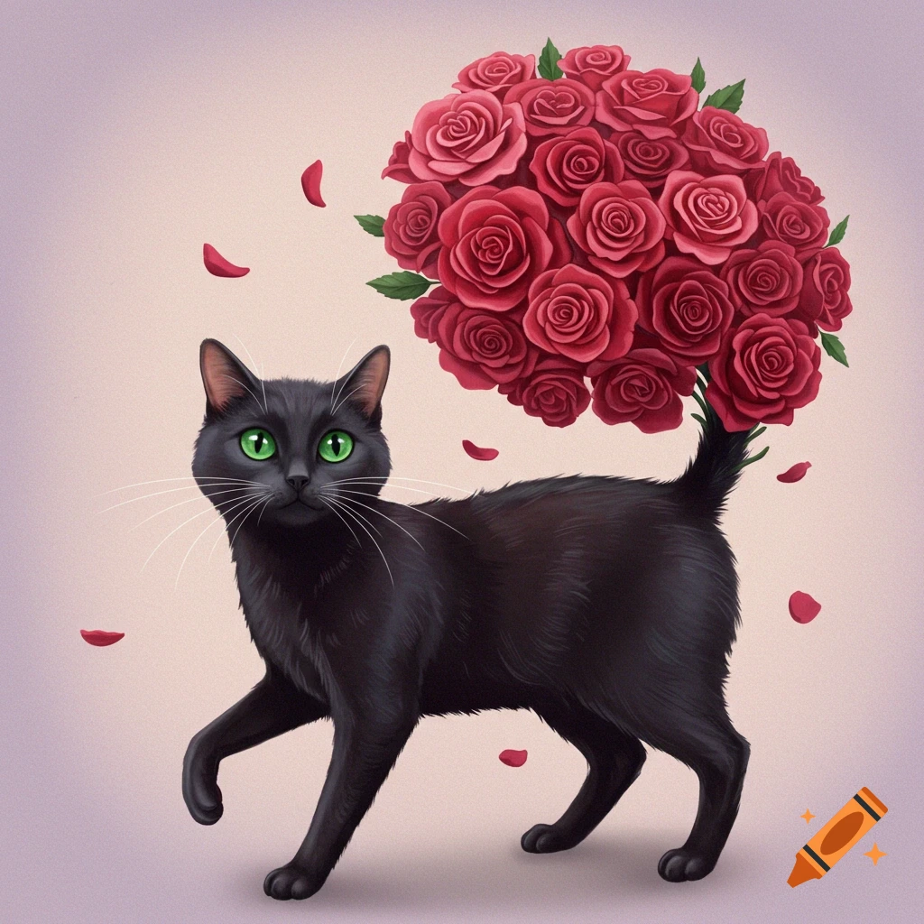 A black cat with green eyes walks while carrying a large bouquet of red roses attached to its tail, with petals falling.
