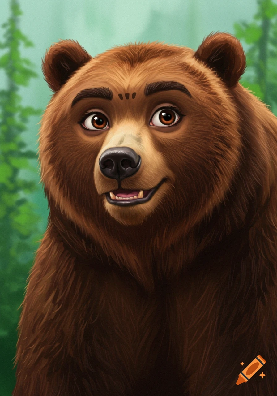 Close-up of a cartoon brown bear with human eyes and a smile