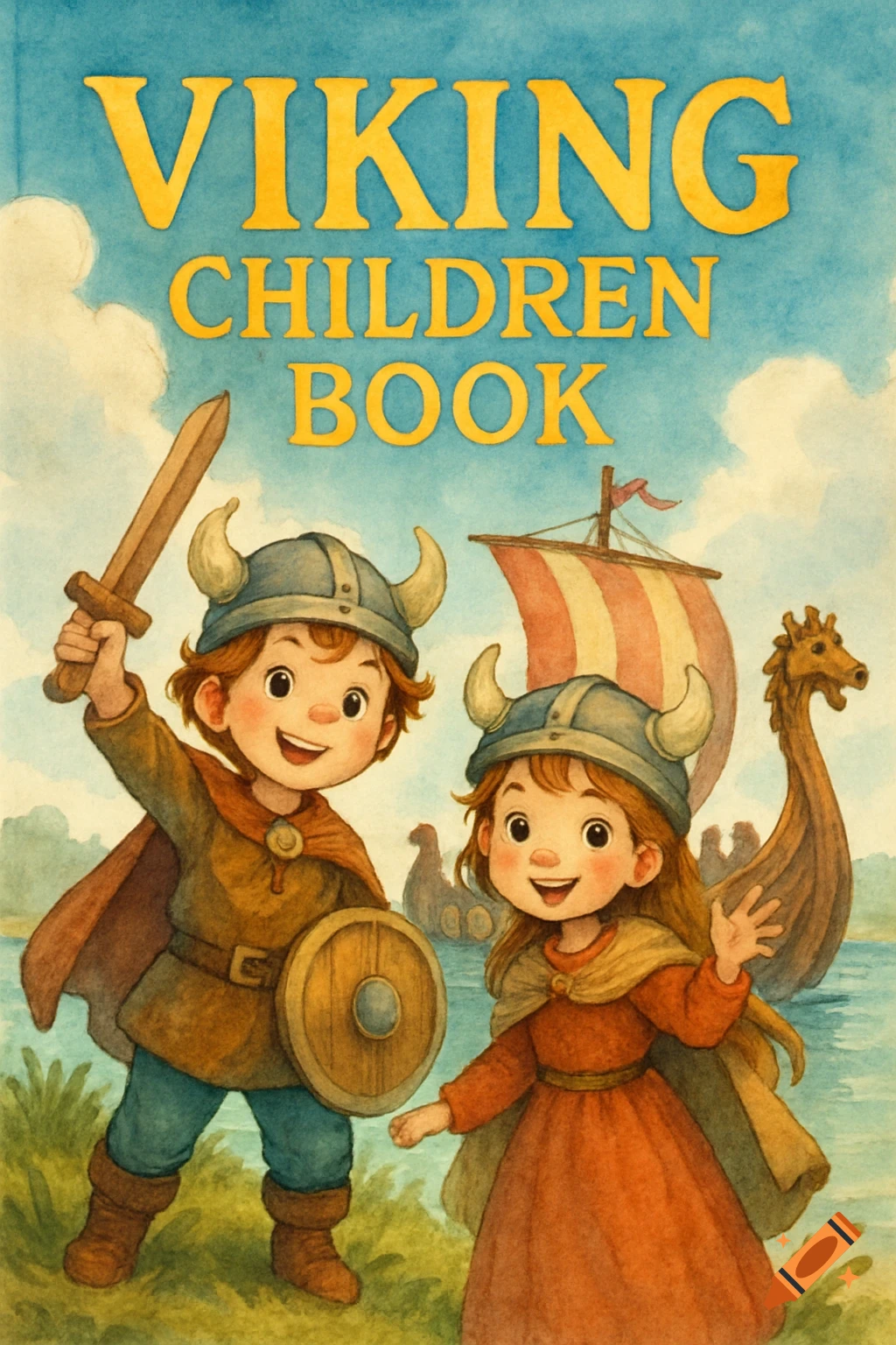Watercolor illustration of two children dressed as Vikings with a longboat, text reads 'VIKING CHILDREN BOOK'.