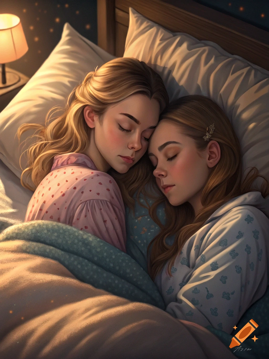 Two young women sleeping soundly side-by-side in a bed under a blanket, illuminated by a bedside lamp and stars on the wall.