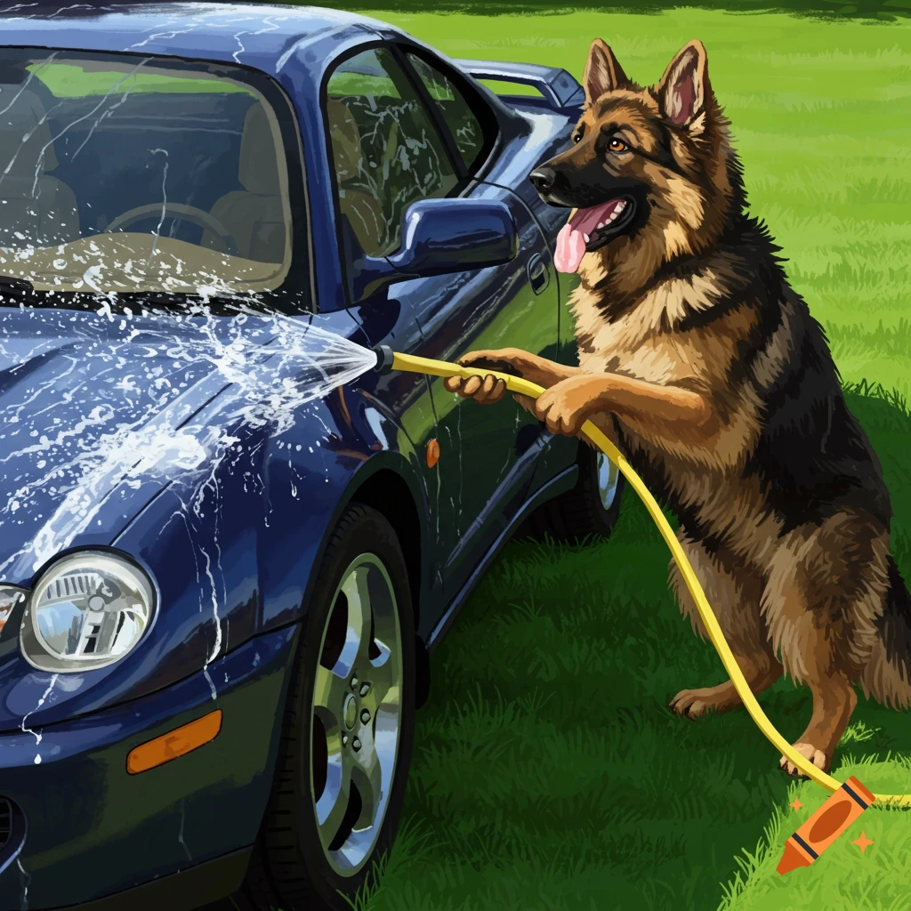 A German Shepherd dog washes a blue car with a hose in a stylized illustration.