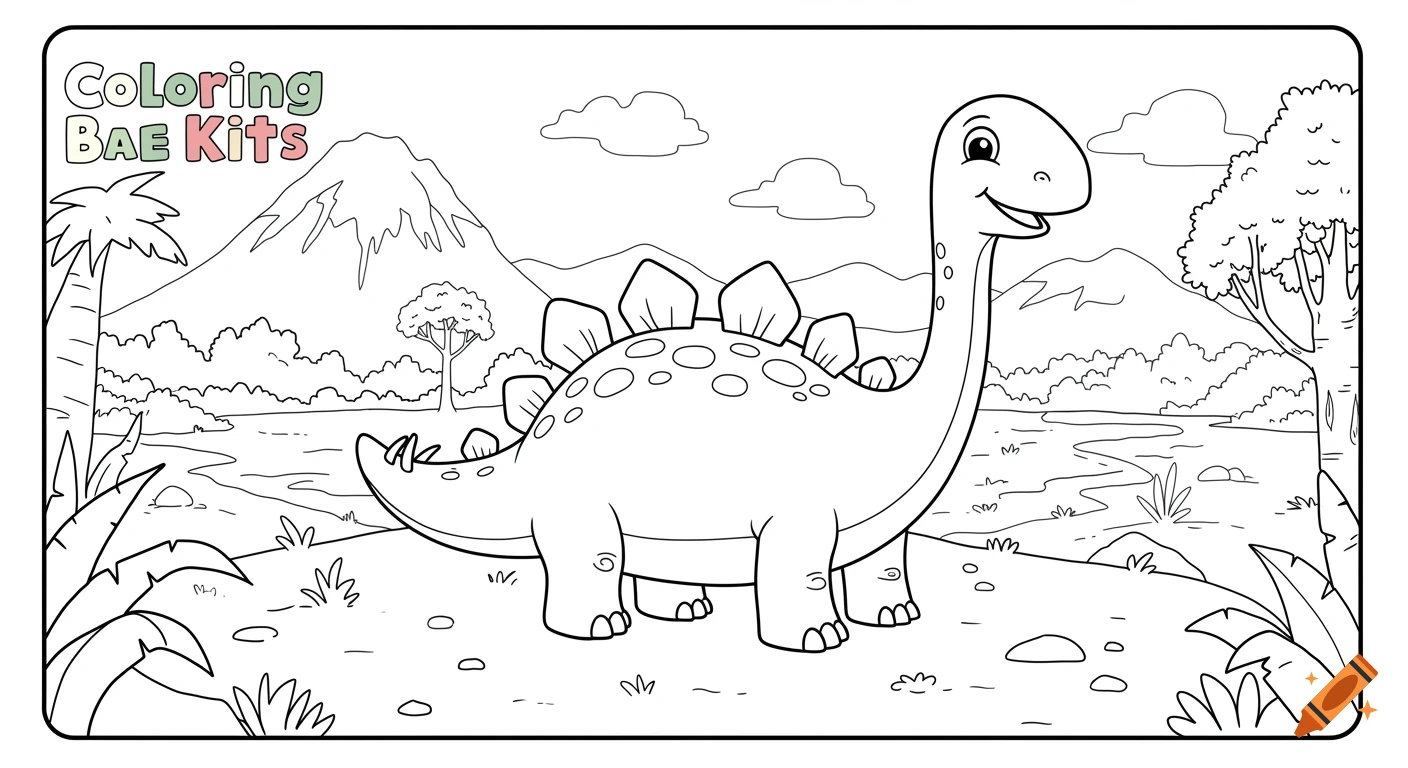 Cartoon stegosaurus dinosaur in prehistoric landscape coloring page line art