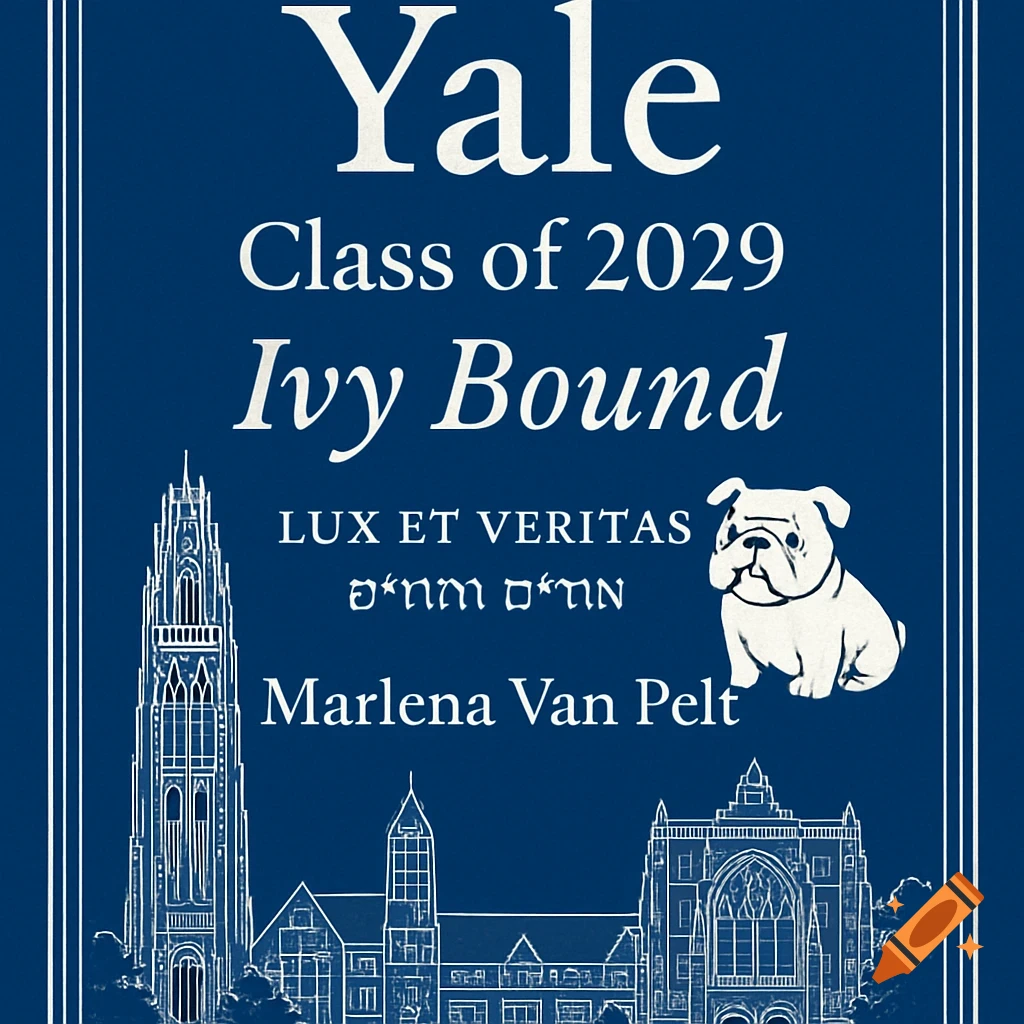 Yale Class of 2029 Ivy Bound academic design with text, Yale buildings line art, and a bulldog mascot on a blue background.