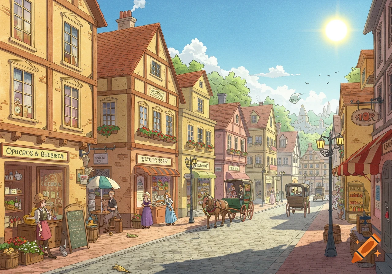 Charming illustration of an old-timey town street with buildings, people, and horse-drawn carriages.
