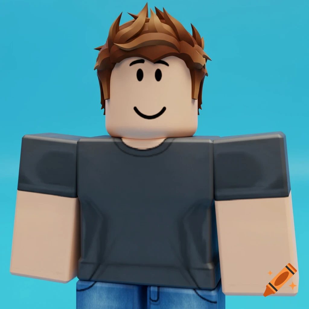 A Roblox avatar with brown hair, grey shirt, and blue jeans smiles against a blue background.