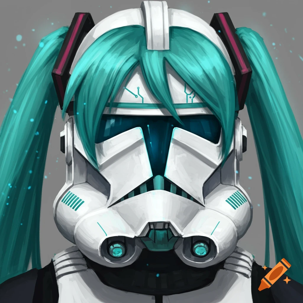 Close-up digital art portrait of a Star Wars Clone Trooper helmet with teal Hatsune Miku pigtails and hair accessories.