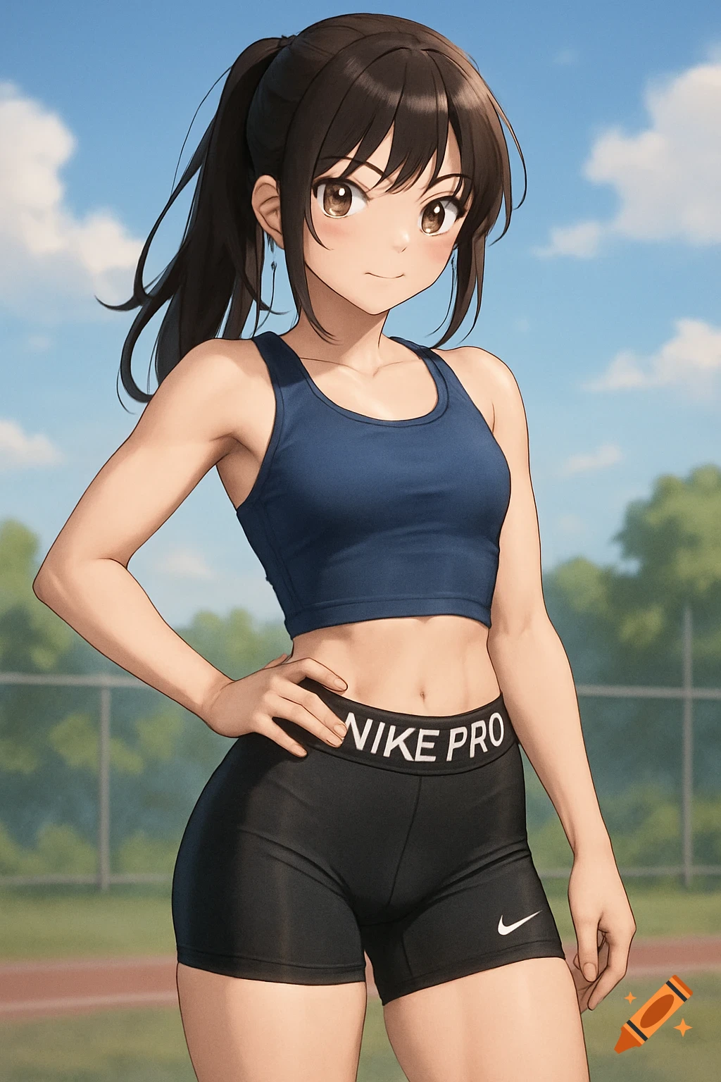 Anime girl wearing blue sports bra and black Nike Pro shorts