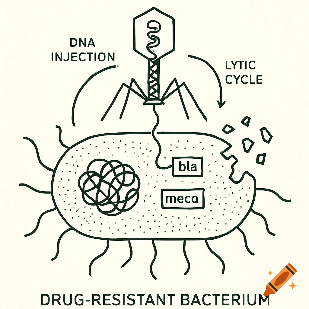 Minimalistic diagram of bacteriophage attacking a drug-resistant bacterium, showing DNA injection and lytic cycle.