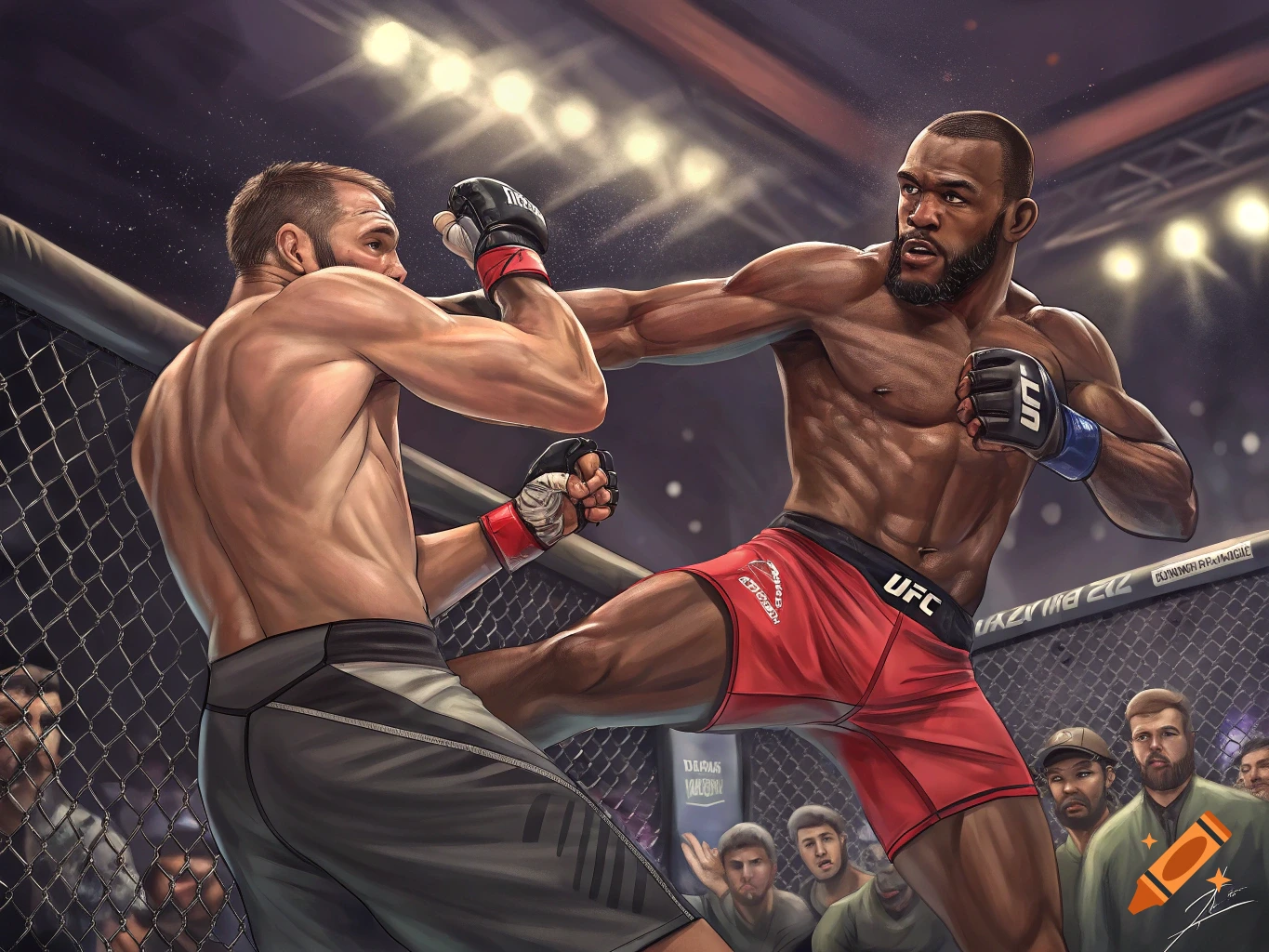 Illustration of two MMA fighters in a cage, one throwing a kick.