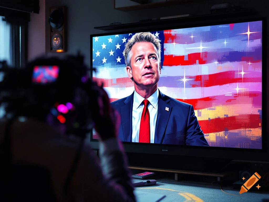 A man in a suit appears on a TV screen with an American flag background, filmed by a person holding a camera.
