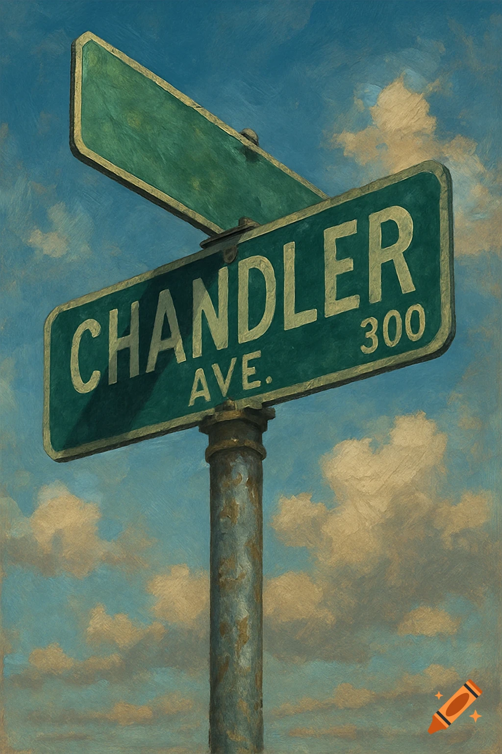 A green street sign reading 'CHANDLER AVE.' and '300' is shown against a cloudy blue sky, in a painterly style.