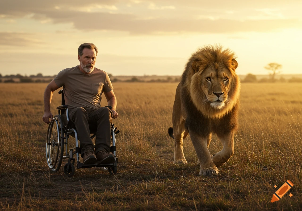 Man in wheelchair and lion standing in a field at sunset. Photorealistic style.