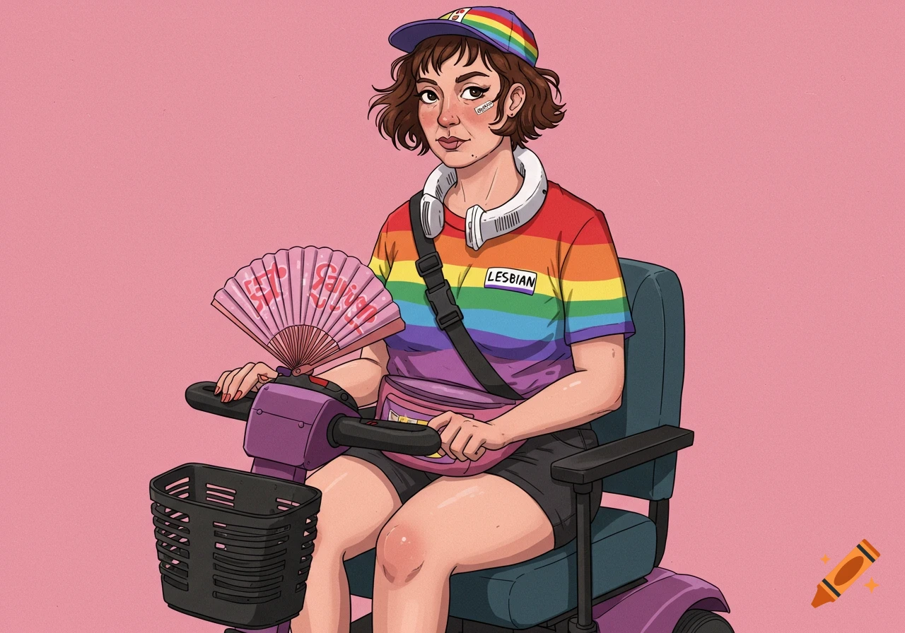 Illustration of a person in a mobility scooter wearing a rainbow shirt and hat, holding a pink fan.