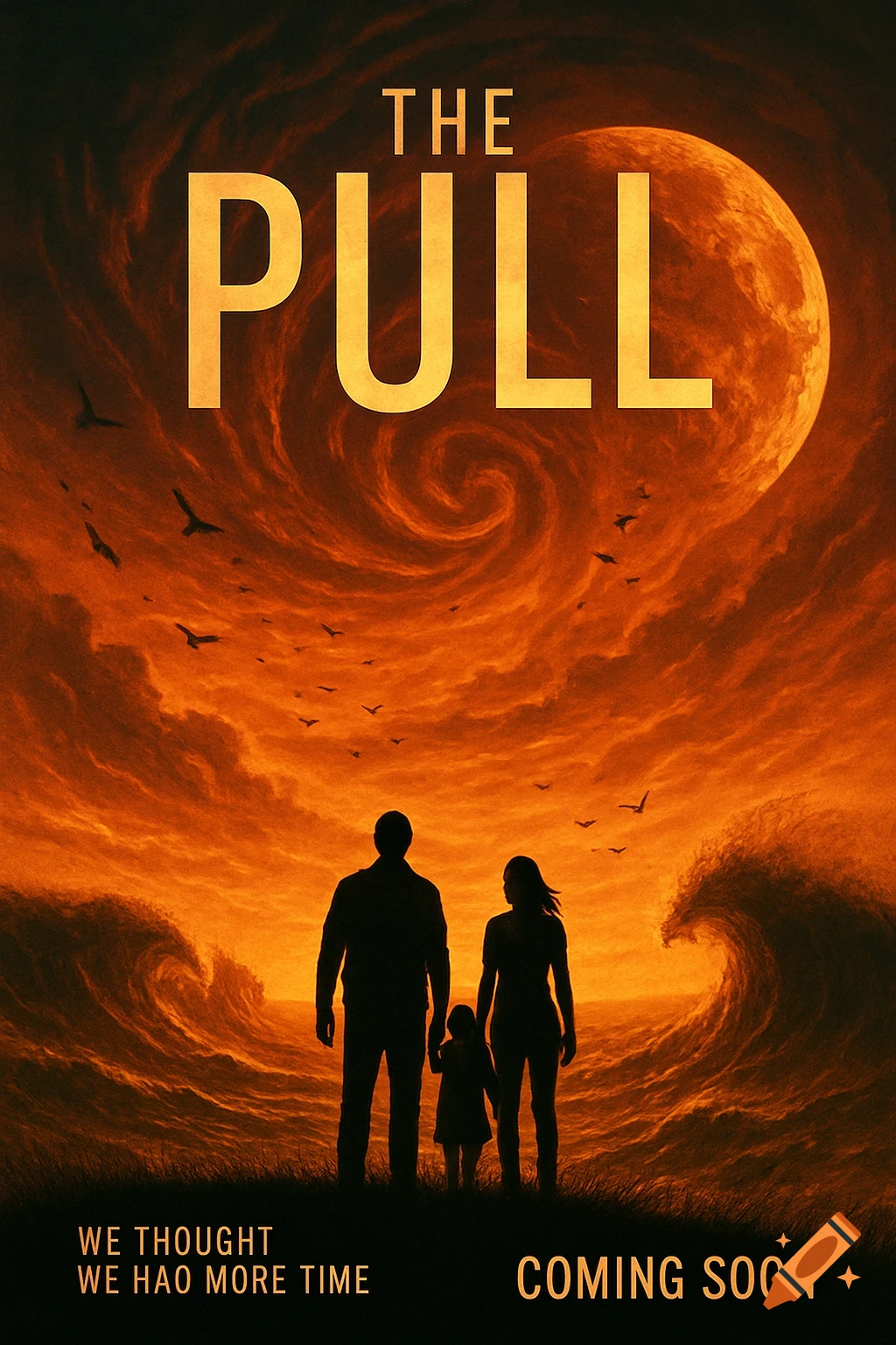Movie poster of a family silhouette watching huge waves under a stormy sky with a giant moon.
