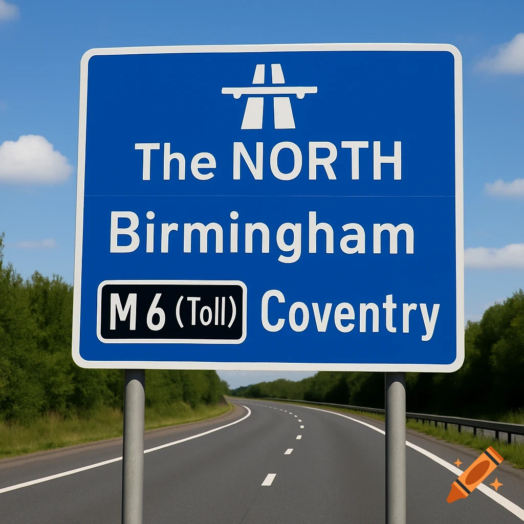 A blue motorway sign on poles next to a road indicates destinations: The North, Birmingham, M6 (Toll), and Coventry.