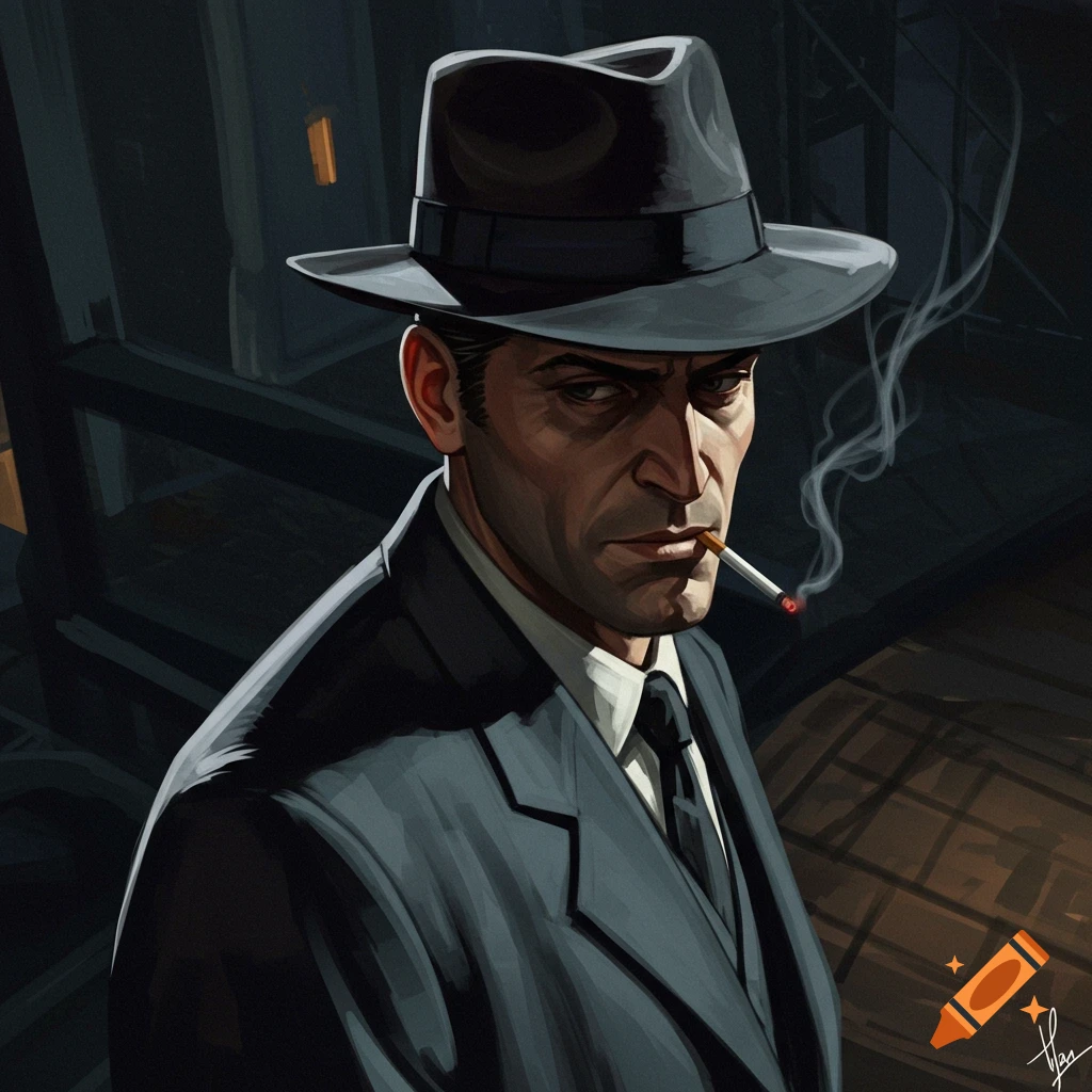 A man in a fedora and suit smokes a cigarette in a film noir style portrait.